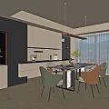 Modern Dining Room Interior Design with Dark White Cabinets Dining Table Chairs and Pendant Lights