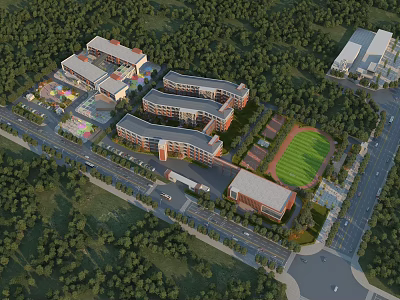 Modern School Campus Building with Connected Classrooms and Green Playground Surrounded by Trees 3d model