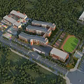 Modern School Campus Building with Connected Classrooms and Green Playground Surrounded by Trees