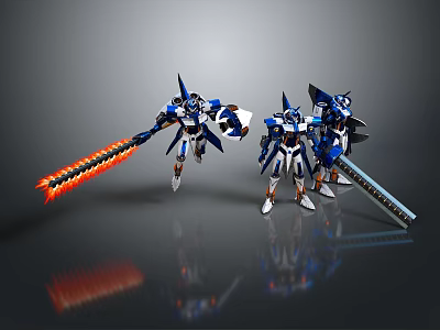 Blue And White Sci Fi Robot Models With Flame Weapon And Long Sword 3d model