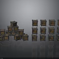 Stacked Wooden Crates With Metal Frames On Gray Background And Reflective Floor