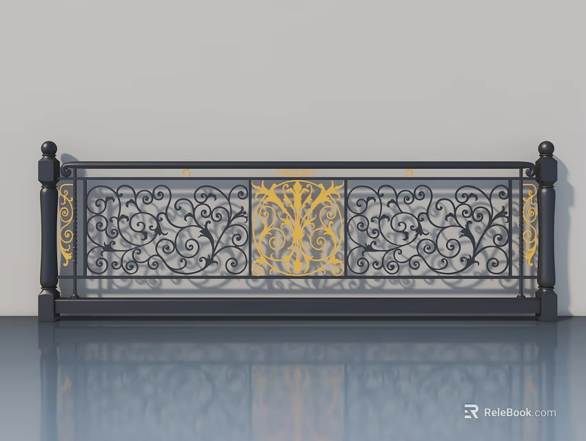 Black And Gold Swing Door With Intricate Curly Patterns And Ornate Design Details 3d model 