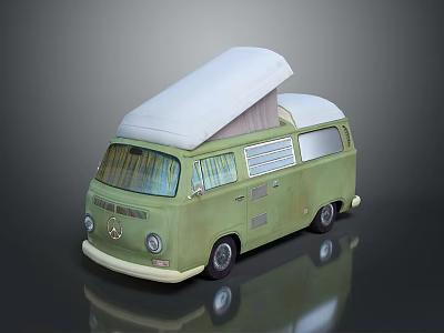 Green Retro Camper Bus With White Pop Up Roof And Classic Exterior Design Features 3d model