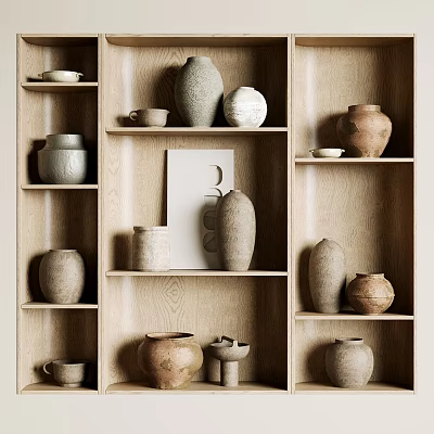 Ceramic Vessels Display On Wooden Shelves With Various Shapes And Textures 3d model