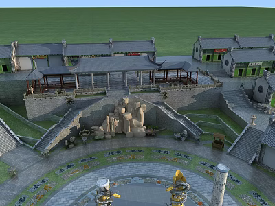 Traditional Ancient Village Architecture With Gray Roofs Circular Square Stone Sculptures And Stone Steps 3d model