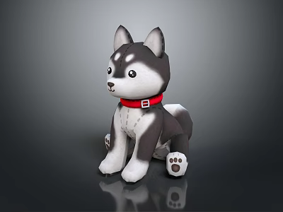 Plush Black and White Husky Stuffed Toy With Red Collar Sitting Pose 3d model