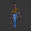 Ornate Decorative Sword With Blue Blade Intricate Carvings Pink Hilt Golden Accents And Blue Gemstones