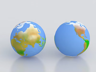 Decorative Ornament Set with Two Blue Globes Featuring Colored Continents on Light Background 3d model