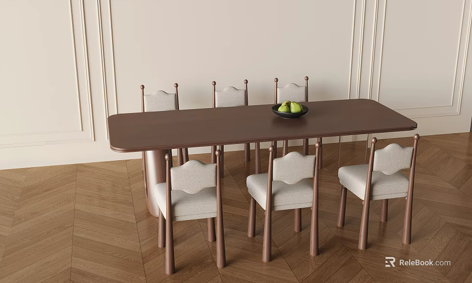 Dining Table Set with Six Chairs White Backrest Brown Legs Fruit Bowl Herringbone Floor 3d model
