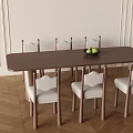 Dining Table Set with Six Chairs White Backrest Brown Legs Fruit Bowl Herringbone Floor 3d model
