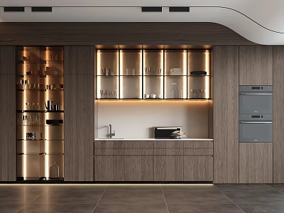 Modern Wooden Wine Cabinet Interior With Built in Lighting And Glassware 3d model