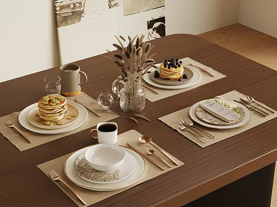 Elegant Dining Table Setting Featuring Pancakes Coffee Cup And Cutlery Decor 3d model