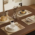 Elegant Dining Table Setting Featuring Pancakes Coffee Cup And Cutlery Decor 3d model