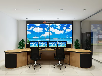 Modern Monitoring Room Interior With Large Screen Multiple Monitors Control Desk And Office Chairs 3d model