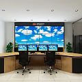 Modern Monitoring Room Interior With Large Screen Multiple Monitors Control Desk And Office Chairs