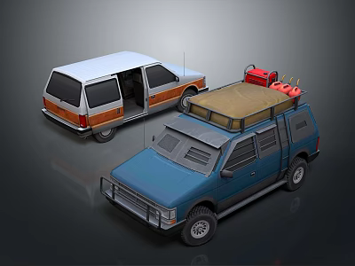 Two Cars Station Wagon and SUV with Open Door Roof Rack and Red Gas Canisters 3d model