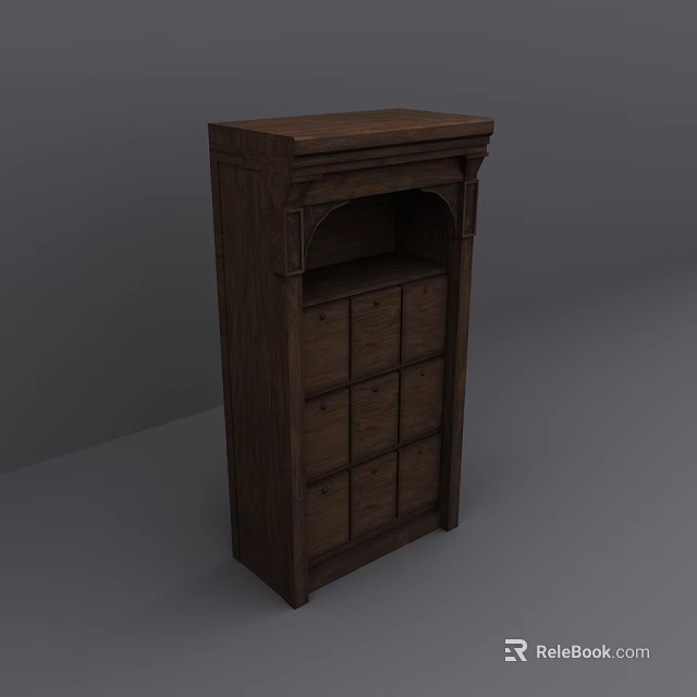 Dark Wooden Traditional Cabinet With Multiple Drawers And Top Open Shelf 3d model 