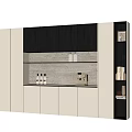 Modern Sideboard With Beige And Dark Cabinets Wooden Countertop Storage Shelves And Decorative Items