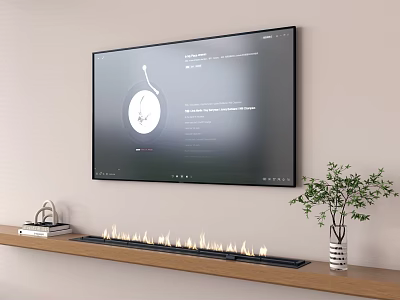Wall Mounted Television With Display Screen Above Fireplace And Wooden Shelf With Plant 3d model