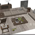 Modern Beige Sofa And Wooden Coffee Table With Decorative Pillows Side Tables And Green Plants