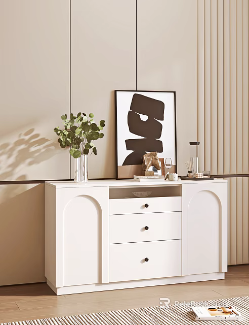 Modern Entryway Cabinet And Side Cabinet With Drawers Greenery Vase And Decorative Artwork 3d model 