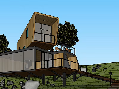 Elevated Modern Detached Villa With Wooden Structure Glass Walls And Terrace Surrounded By Trees 3d model