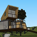 Elevated Modern Detached Villa With Wooden Structure Glass Walls And Terrace Surrounded By Trees