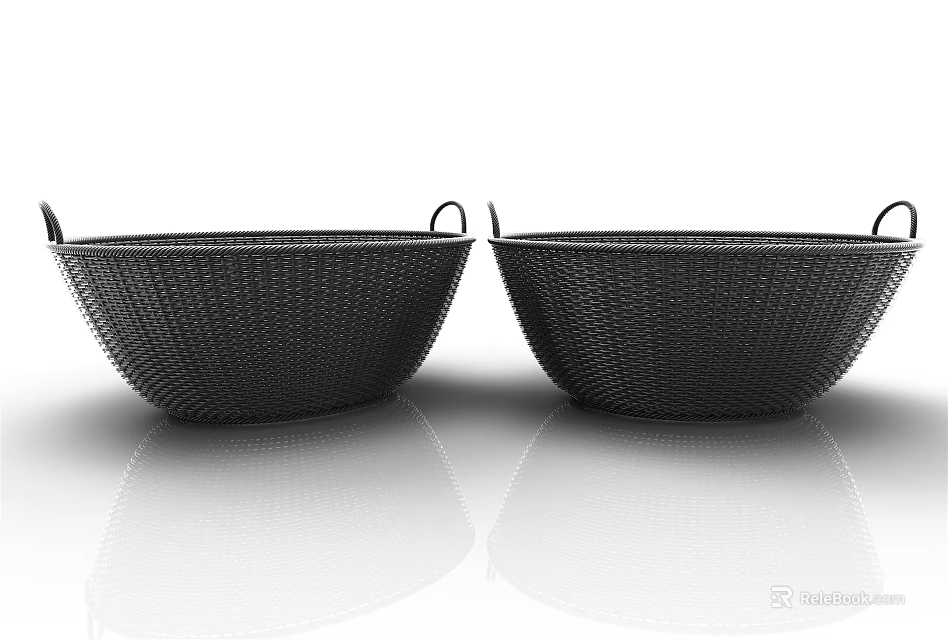 Two Black Woven Baskets With Handles On Smooth Surface For Home Use 3d model 