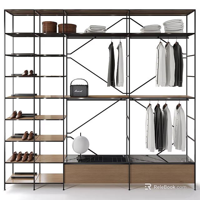 Modern Metal Clothing Rack With Multiple Shelves Hanging Clothes Shoes And Handbag Storage 3d model 