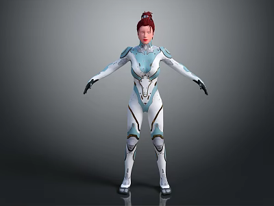 Futuristic Female Sci Fi Character With Blue White Cybernetic Suit And Red Hair 3D Render 3d model