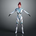Futuristic Female Sci Fi Character With Blue White Cybernetic Suit And Red Hair 3D Render