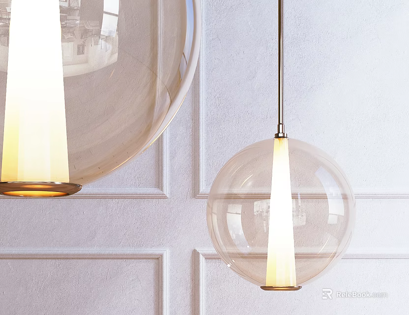 Transparent Glass Spherical Pendant Lights with Warm Illumination Against White Wainscoted Wall 3d model 