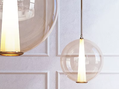 Transparent Glass Spherical Pendant Lights with Warm Illumination Against White Wainscoted Wall 3d model