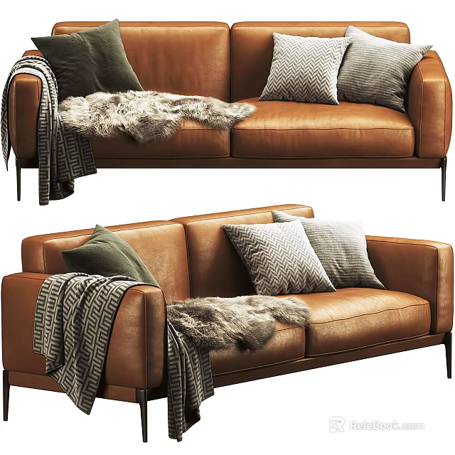 Brown Leather Two Seater Sofa With Throw Pillows Blanket And Fur Throw 3d model 