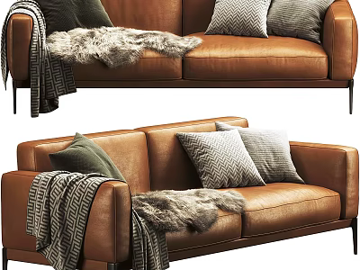 Brown Leather Two Seater Sofa With Throw Pillows Blanket And Fur Throw 3d model