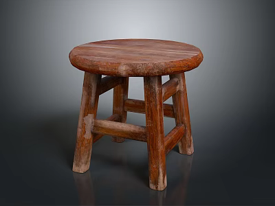 Rustic Wooden Stool With Round Seat And Four Solid Legs Design 3d model