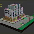 Modern Light Blue Beige Multi Storey Building With Windows Pink Signage Palm Trees Street Cars