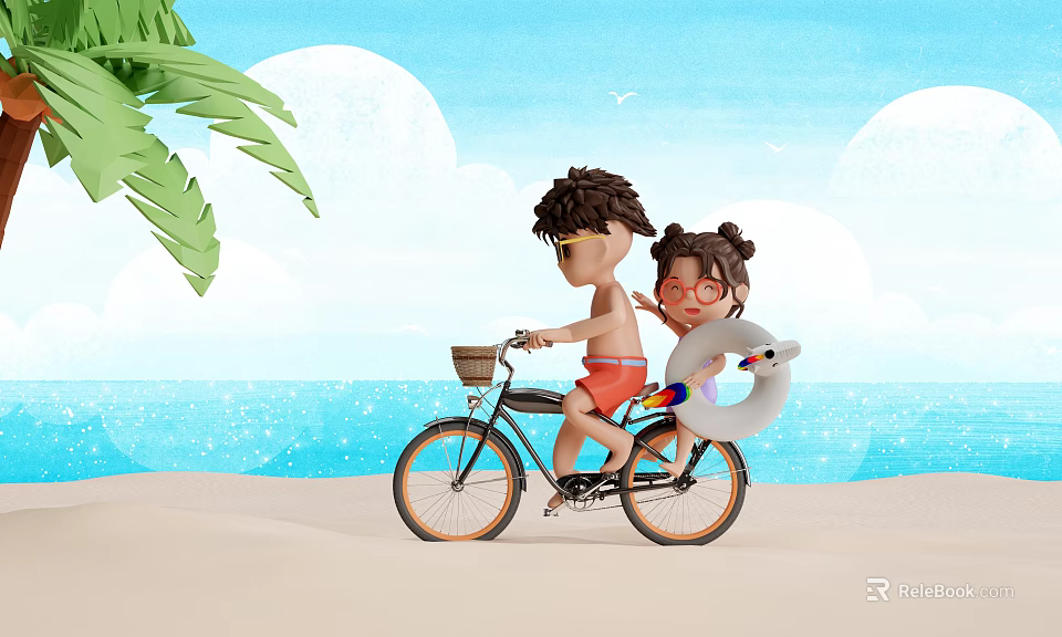 Cartoon Scene Of Characters Riding Bicycle On Beach With Float Ring 3d model 