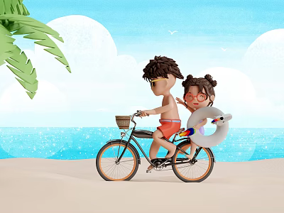 Cartoon Scene Of Characters Riding Bicycle On Beach With Float Ring 3d model