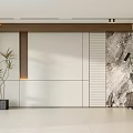 Modern Sofa Backdrop Wall With Wood Grain White Panels Marble Texture Floor Lamp And Greenery