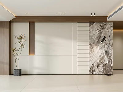 Modern Sofa Backdrop Wall With Wood Grain White Panels Marble Texture Floor Lamp And Greenery 3d model