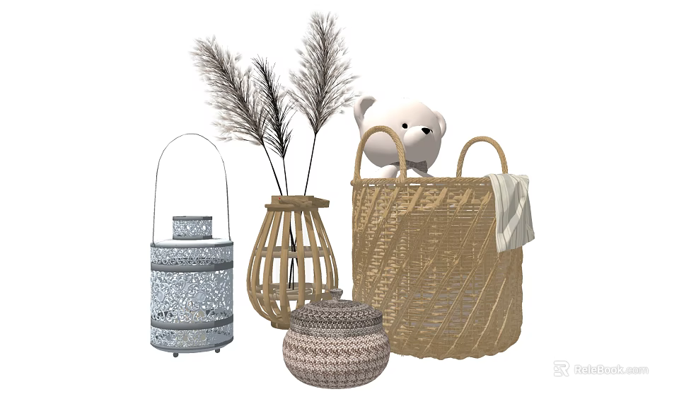 Woven Storage Baskets for Home Decor with Pampas Grass and Stuffed Toy 3d model 