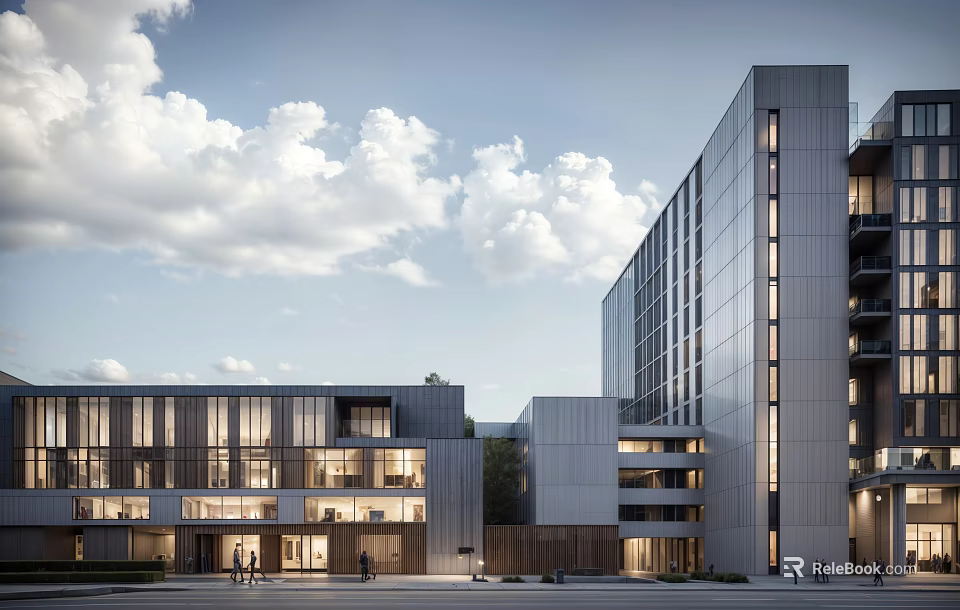 Modern School Building Exterior With Glass Facade And Multi Story Campus Design 3d model 