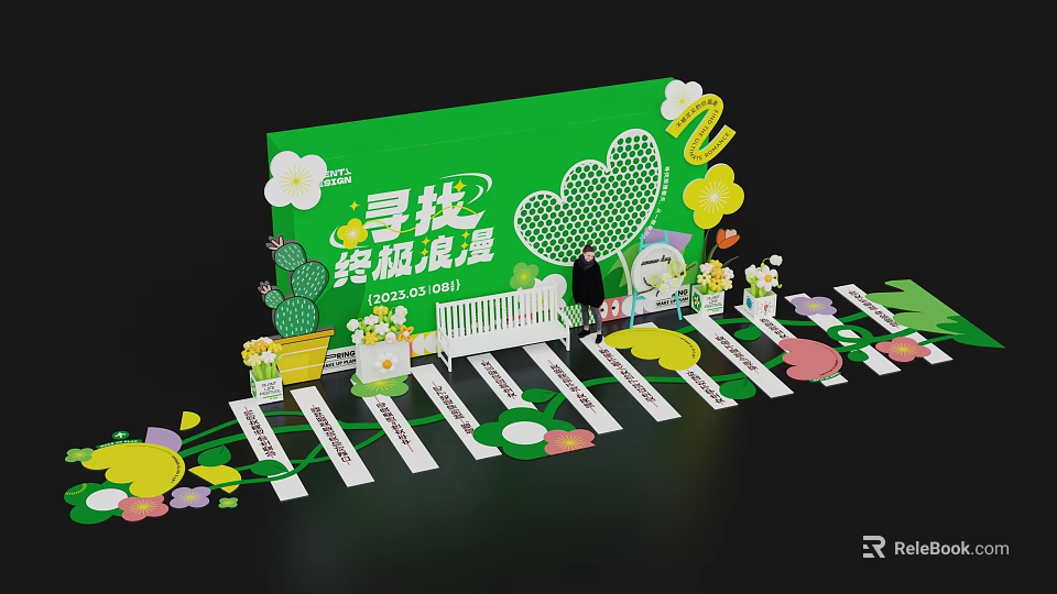 Romantic Photo Spot With Green Backdrop Flower Decorations Cactus And White Railings 3d model 