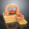 Ancient Stone Architectural Structure With Arch Cauldron Wooden Bench And Stepped Base 3d model
