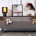 Elegant Wooden TV Stand with Gold Metal Handles Lamp Painting and Open Black Shelves