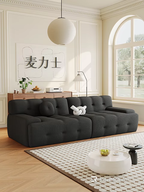 Black Tufted Two Seater Sofa With Side Cabinet Floor Lamp Wall Art And Natural Light 3d model 