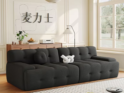 Black Tufted Two Seater Sofa With Side Cabinet Floor Lamp Wall Art And Natural Light 3d model
