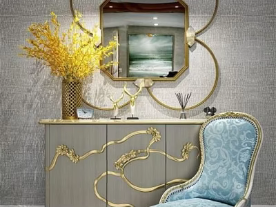 Elegant Blue Patterned Single Chair With Gold Accented Cabinet And Mirror 3d model
