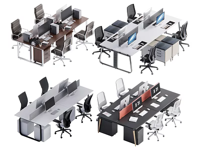 Various Office Desk Setups With Computers Ergonomic Chairs And Storage Units 3d model